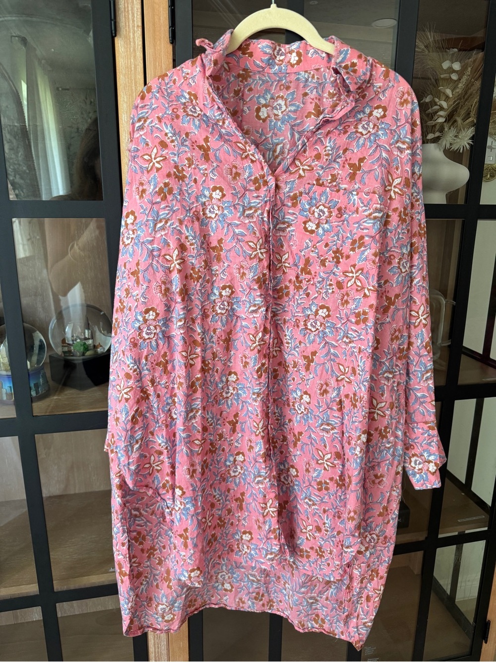 Block print floral tunic dress button down shirt long sleeve collar